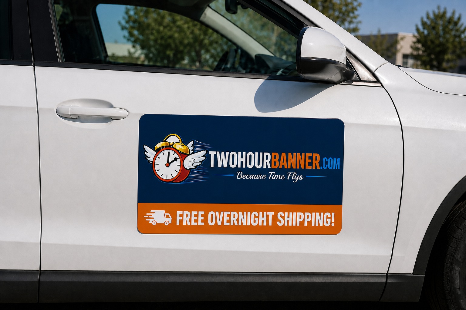 Custom full-color vehicle magnet on car door — easy to order online, rush printing from TwoHourBanner.com